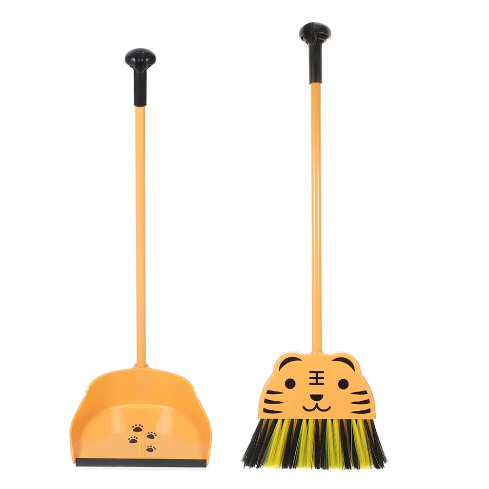 2pcs Kids Cleaning Set Tiger Pattern Mini Broom Dustpan For Toddlers Pretend Play Housekeeping Tools Small Size Kids Broom Set