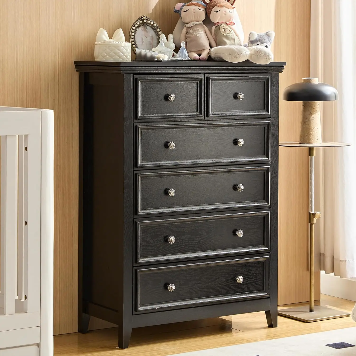 Black 6 Drawer Storage Cabinet, Farmhouse Style Dresser For Living Room Entryway Hallway, Spacious Organizer, Customized
