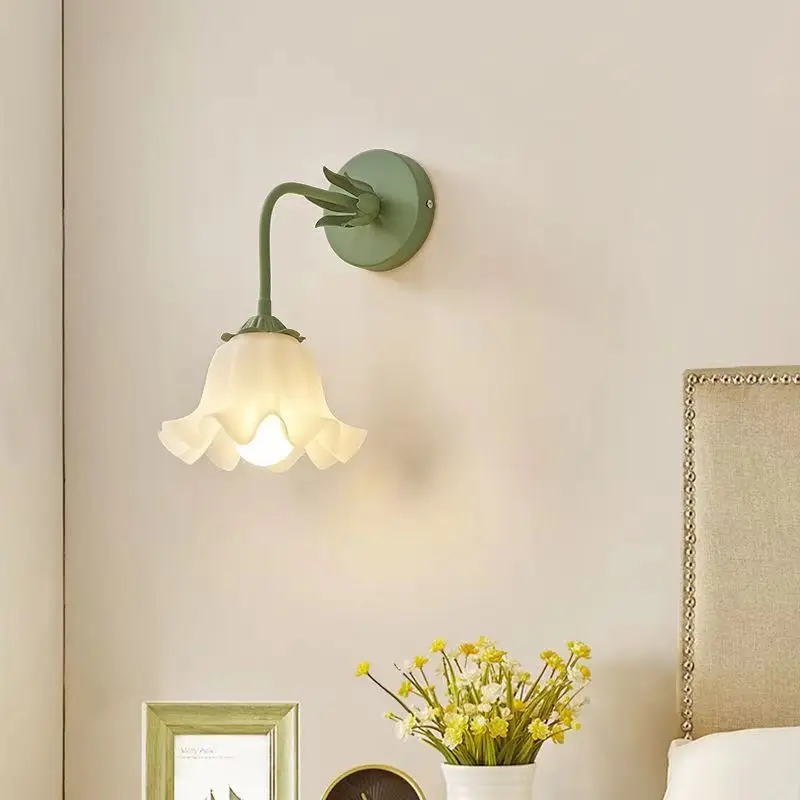 Bedroom Bedside Wall Lamp French Cream Wind Flower Wall Light for Living Room Background Aisle Stairway Green Pink White