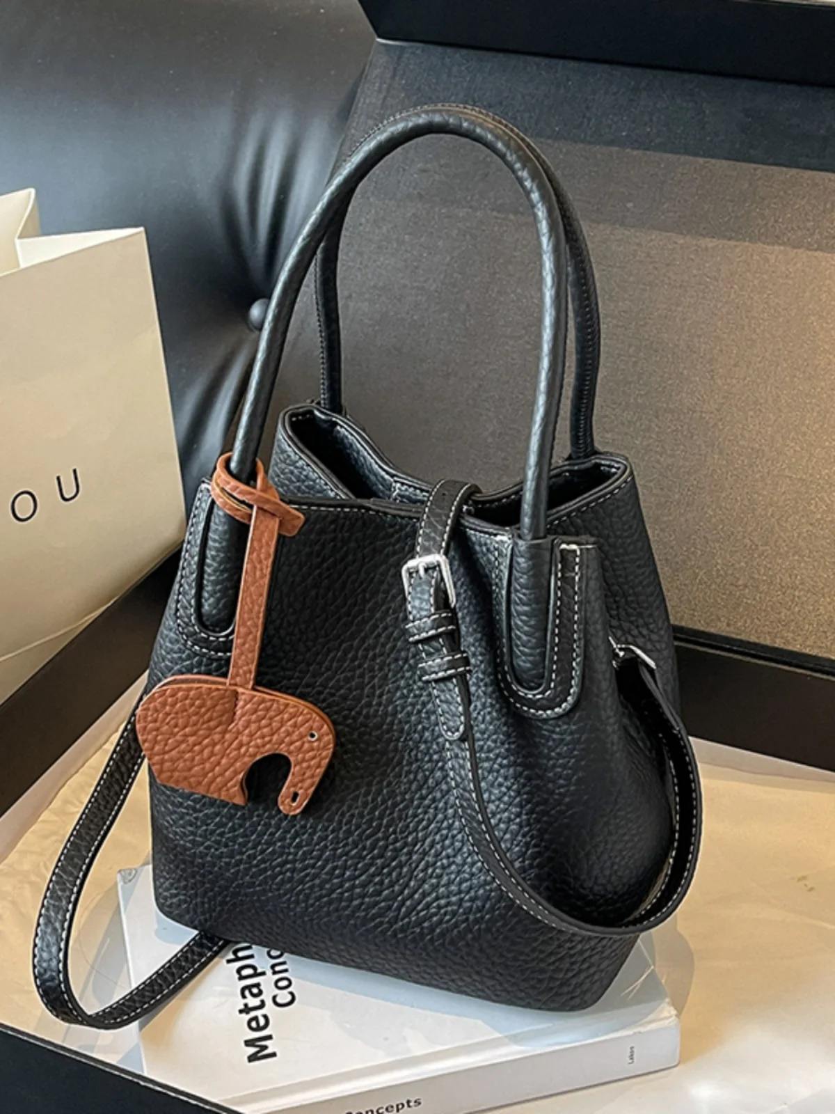 Korean Style Bucket Bag Commuter Tote Handbag Crossbody Small Bag Soft Surface Pure Color PU Material No Pocket inside