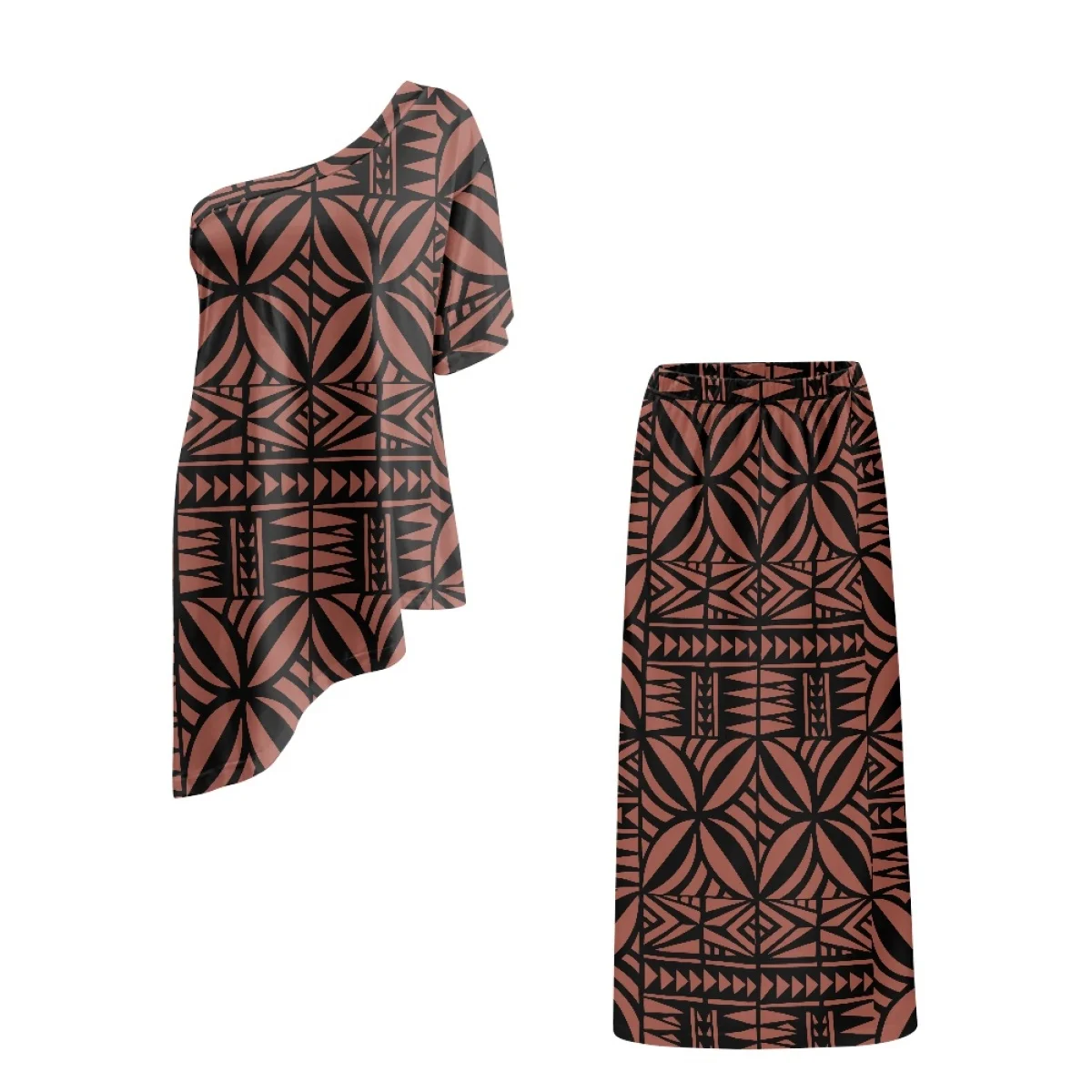 ชุดเดรสสไตล์ชนเผ่าแปซิฟิกแบบซามัว ปูเลตาซี สีน้ำตาลแบบสั่งทำพิเศษ ผ้าตาปา ตัดเย็บแบบไหล่เดียว ทรงไม่สมมาตร ชุดเดรสออกงานสุดหรู