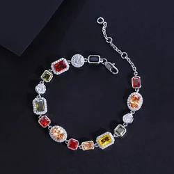ThreeGraces Retro Shiny Multicolor Zirconia Adjustable Clasp Link Chain Bracelet for Women Trendy Bridal Party Jewelry BR405