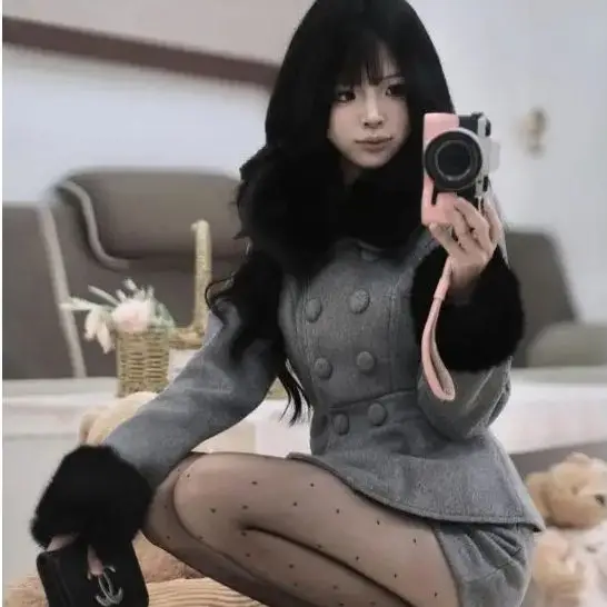 

Autumn Winter Skirt Suit Woolen Small Fragrant Style Fur Collar Patchwork Slim Waist Coat High-Waisted Style High-End Suit