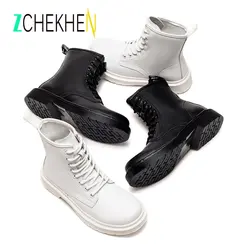 Soft Split Leather Women White Ankle Boots Female Autumn Winter Shoes Woman Punk Motorcycle Boots Spring Winter 35-44