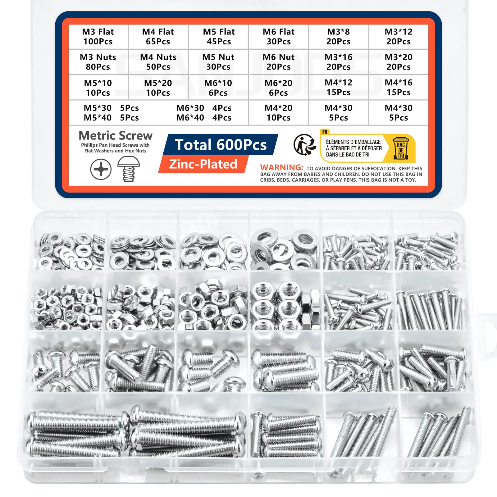 

600Pcs Screws Bolts and Nuts Assortment Kit Metric Machine Screws and Flat Washers M3 M4 M5 M6 Phillips Pan Head Sets - 16 Sizes