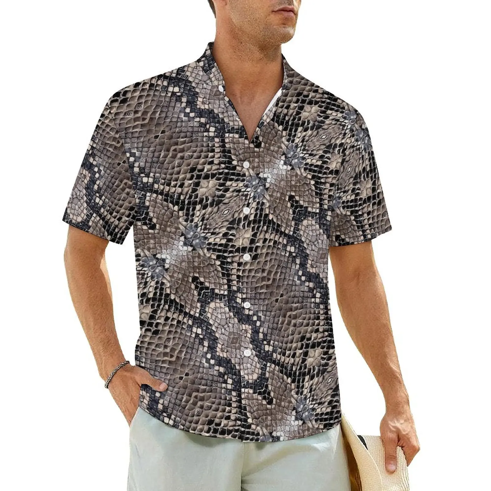 

Snakeskin Print Beach Shirt Greys and Silvers Hawaii Casual Shirts Male Novelty Blouses Short Sleeve Comfortable Design Tops