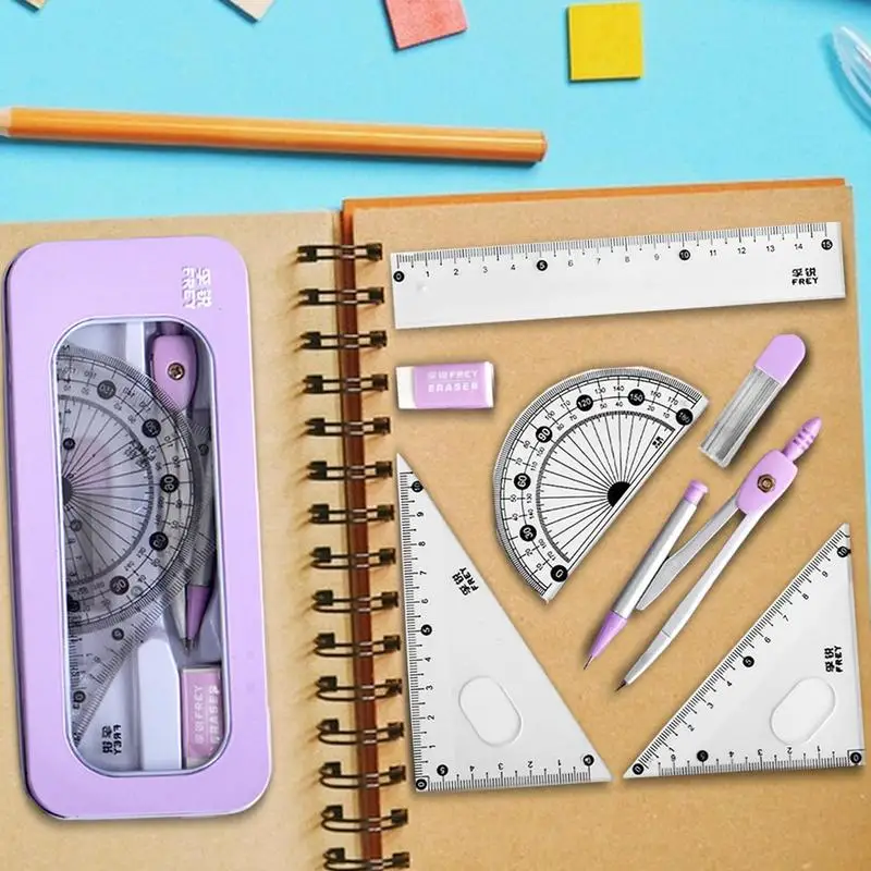 7PCS Stainless Steel Compass Set Math Geometry Tools with Eraser Ruler Student Carpenter Drafting Drawing School Supplies