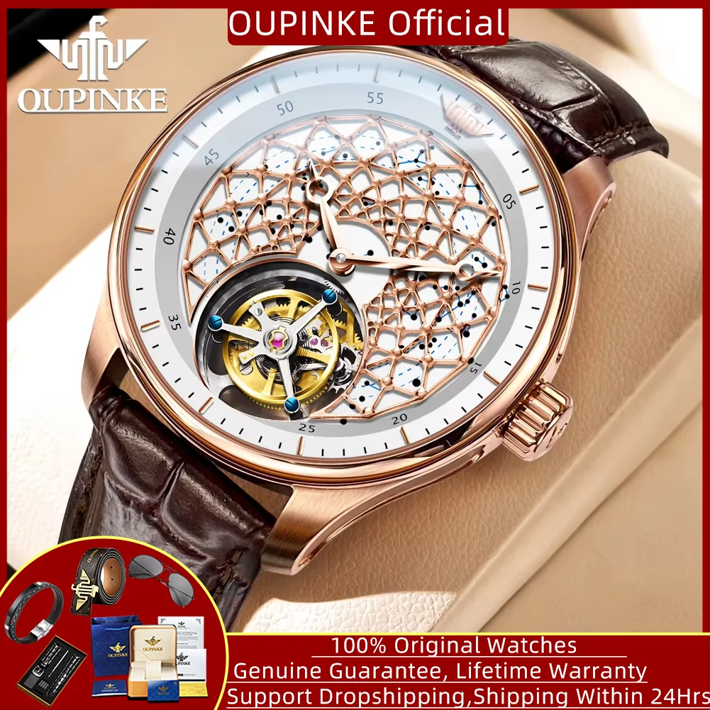 

OUPINKE 8002 Real Tourbillon Watch for Men Genuine Leather Strap Elegant Luxury Original Skeleton Men's Mechanical Wristwatches