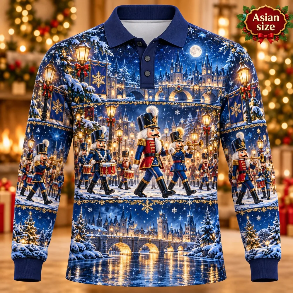 Nutcracker Parade Long Sleeve Polo Shirt for Men 3D Print Polyester Holiday Graphic Festive Casual Winter Fashion Outfit