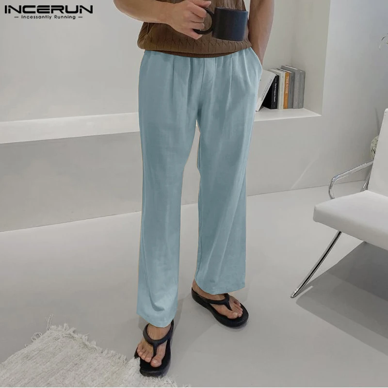 

INCERUN 2024 Korean Style Trousers Fashion Men's Straight Leg Long Pant Leisure Streetwear Solid Elastic Waisted Pantalons S-5XL