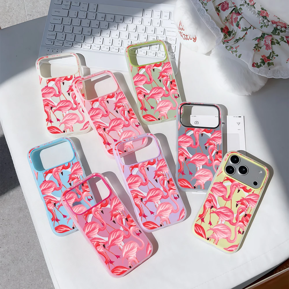 Funda Magsafe 2 en 1 de Lujo Color Caramelo Flamingo Flock para iPhone 16 15 14 13 17 Pro Max Plus, Transparente, Mate, Suave
