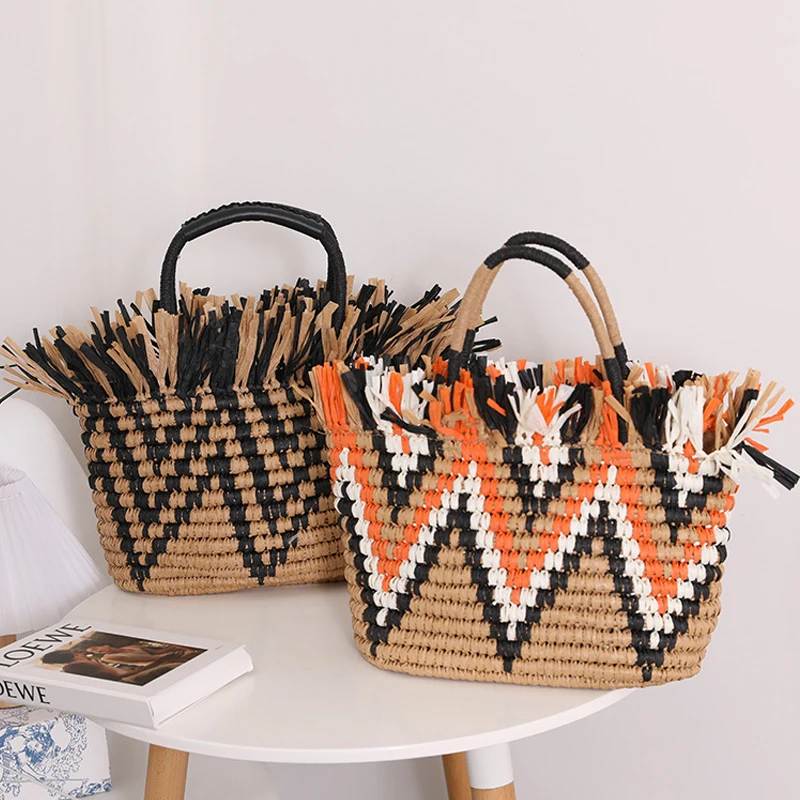 Elegant Lady Handbag Tassel Straw Woven Color Matching Women Holiday Beach Casual Tote Top-Handle Hand-Woven Rattan Capacity Bag