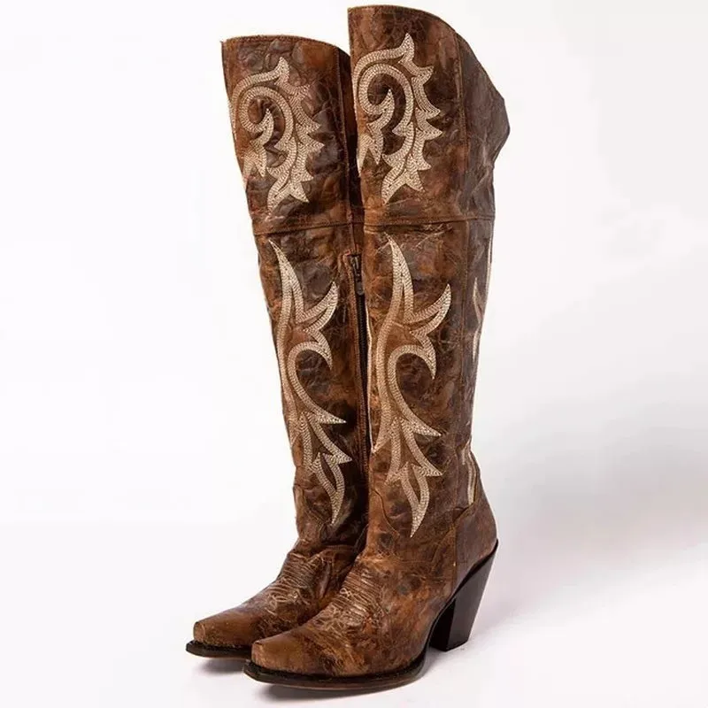 Women's Distressed Western Knee-High Boots Intricate Embroidery Block Heel Rustic Design for Country Autumn/winter Fashion Looks