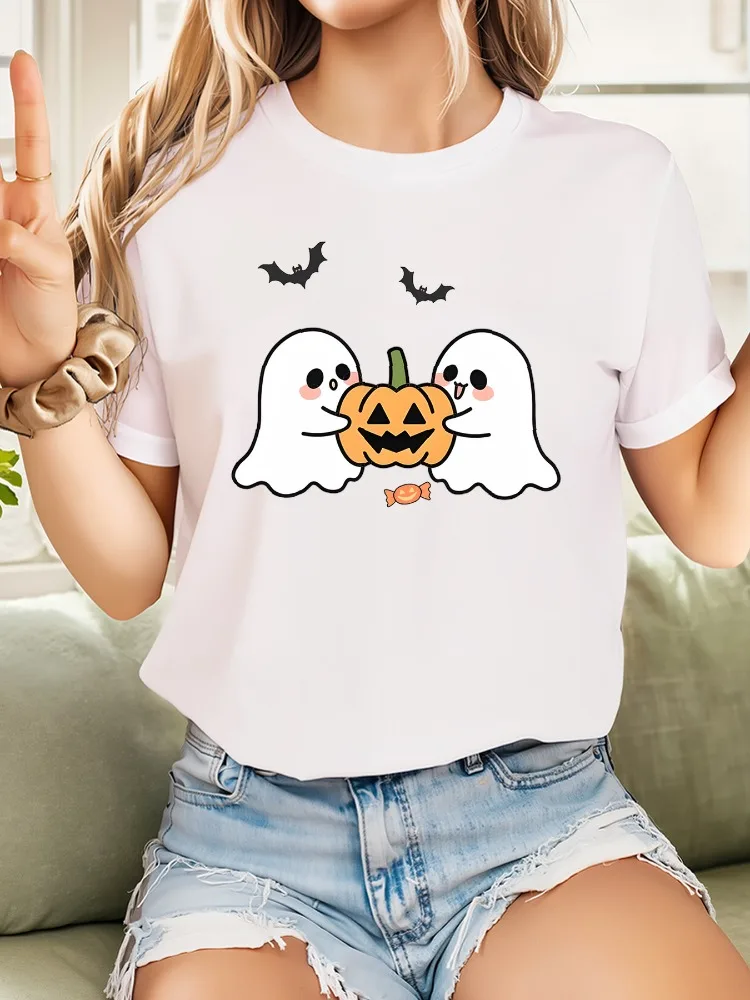 

Футболка на Хэллоуин: очаровательные близнецы, обнимающие тыквы и летучей мыши, дизайн с круглым вырезом и короткими рукавами, повседневный топ, забавная одежда в стиле призраков