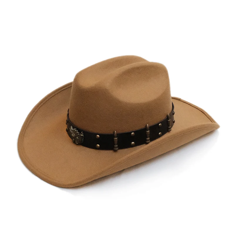 Retro Wide Brim Two Guns Leather Belt Autumn Winter Warm Women Men Hard Felt Yellowstone Style Cap Cowboy Cowgirl Hat 58-59cm