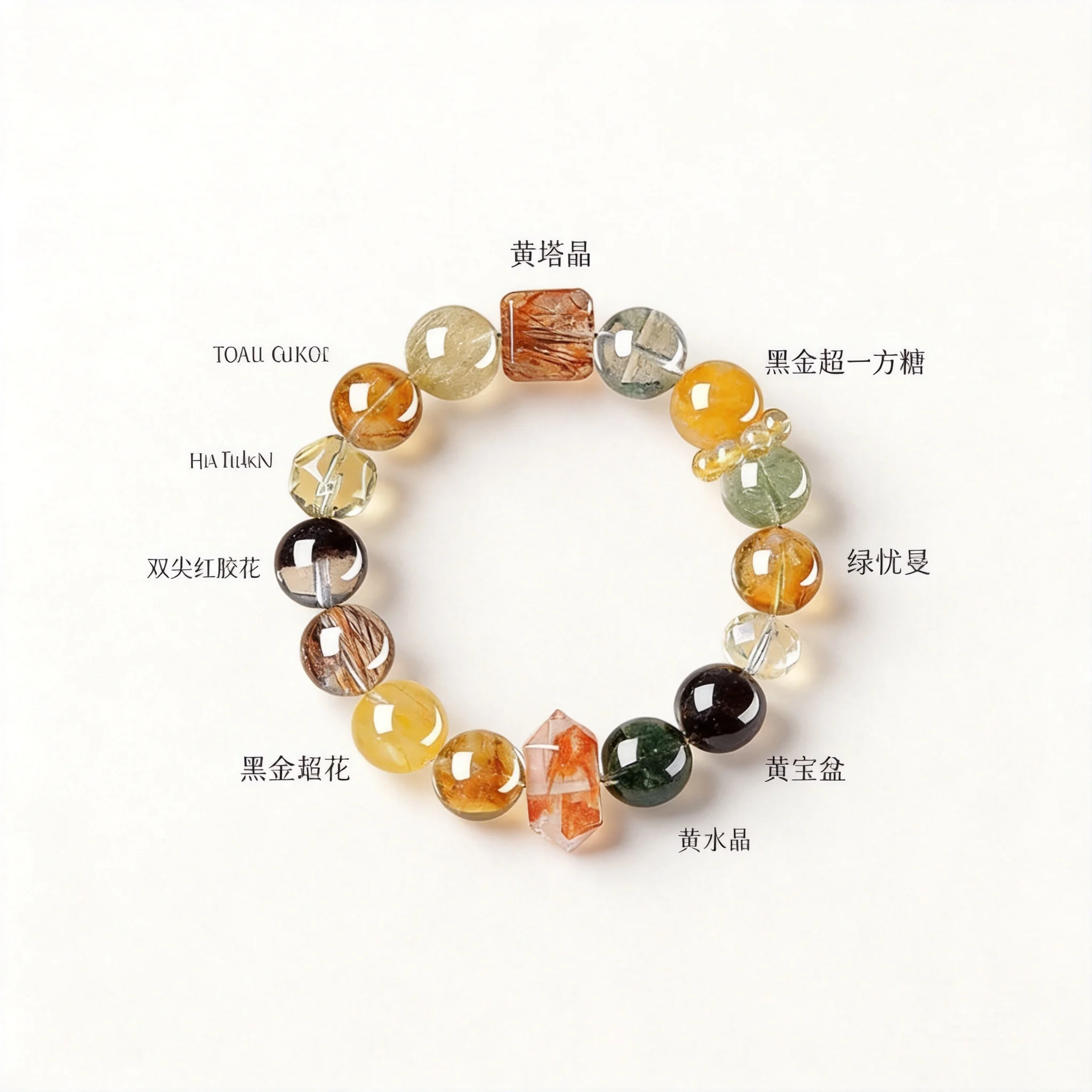 Chinese Style Lucky Wealth Attracting Feng Shui Natural Multi Crystal Beaded Bracelet Citrine Black Gold Super Seven Good Luck