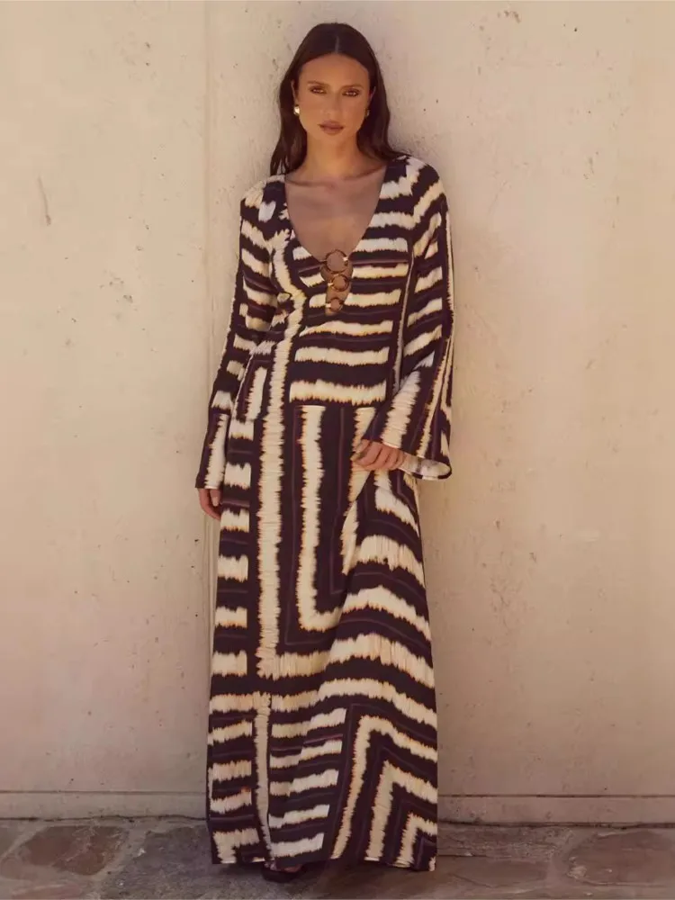 

2025 Elegant Party Dresses French Vestidos Dress Temperament Vestido Femininos Intellect Striped Backless Long Sleeves Leace-up