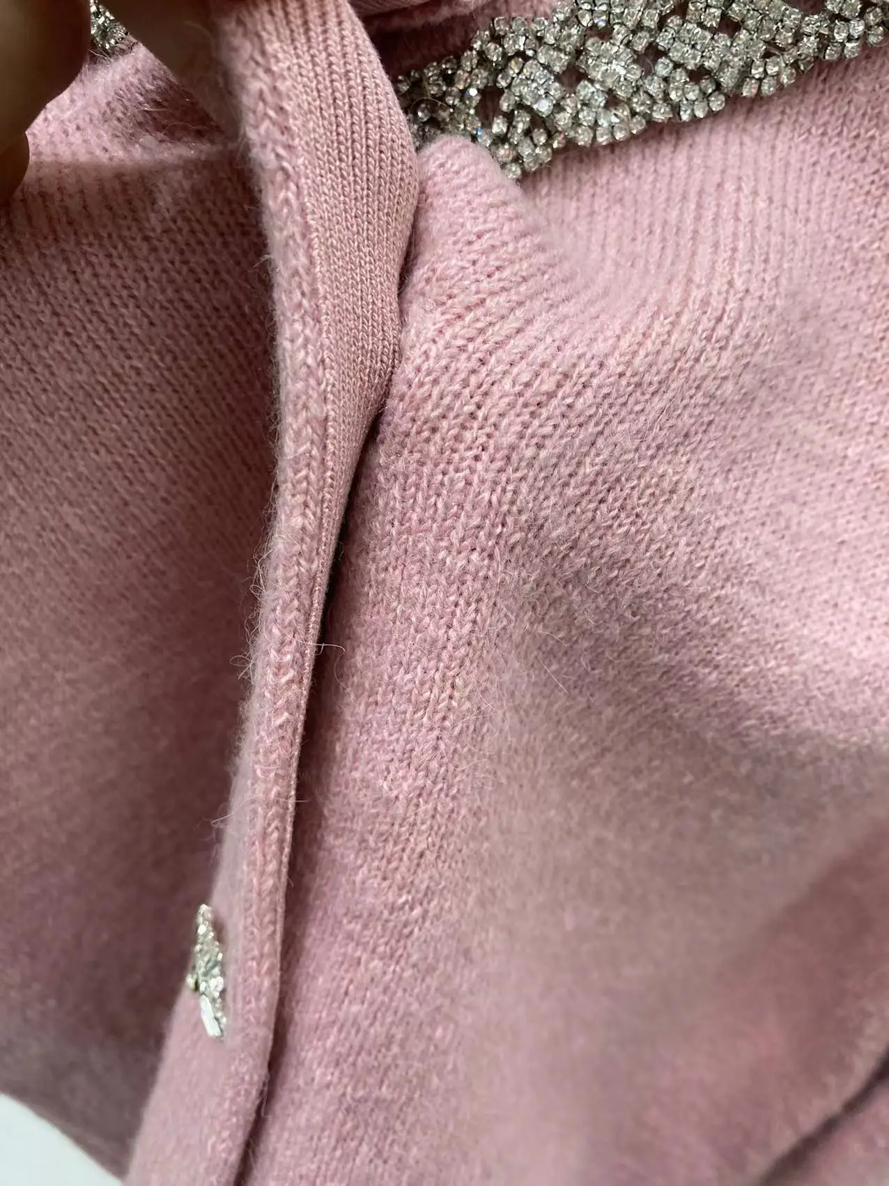 Cardigan à simple boutonnage à manches longues et col rond pour femme, jupe midi à taille élastique, garniture en diamant, ensemble rose avec tout, automne et hiver