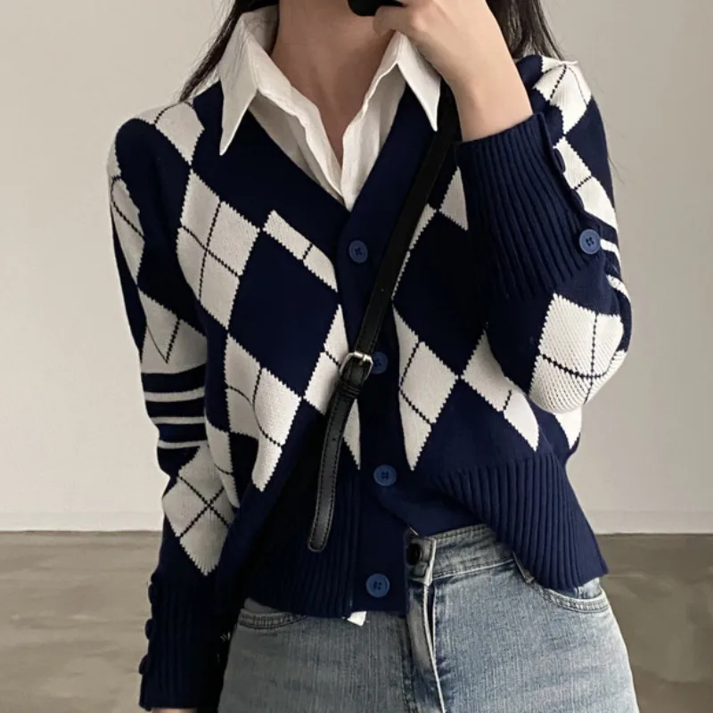 Sueter Mujer Invierno 2024 Fall Winter Fashion New Knitted Cardigan V Neck Short Vintage Rhombus Sweater Women Casual Outwear