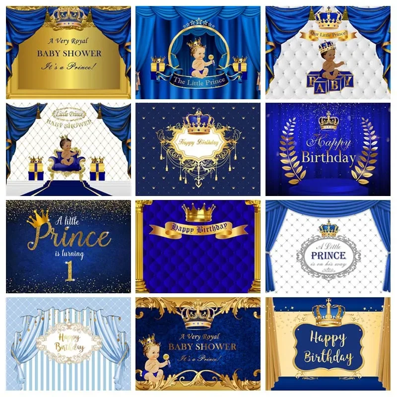 Blue Royal Prince Birthday Party Background for Photography Curtain Gold Crown Boy Supplies Poster Backdrop Photo Studio Shoot