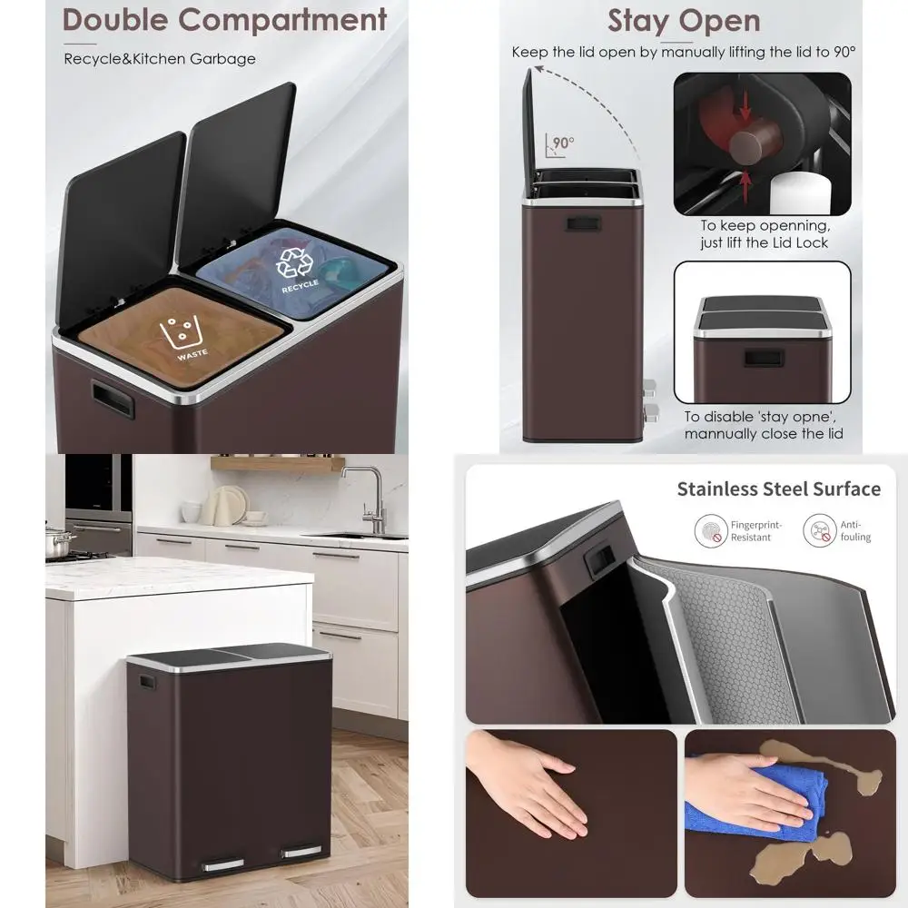 

Комбинированная корзина для мусора и переработки из нержавеющей стали, 16 галлонов, без помощи рук, с крышкой с мягким закрыванием и съемными ведрами