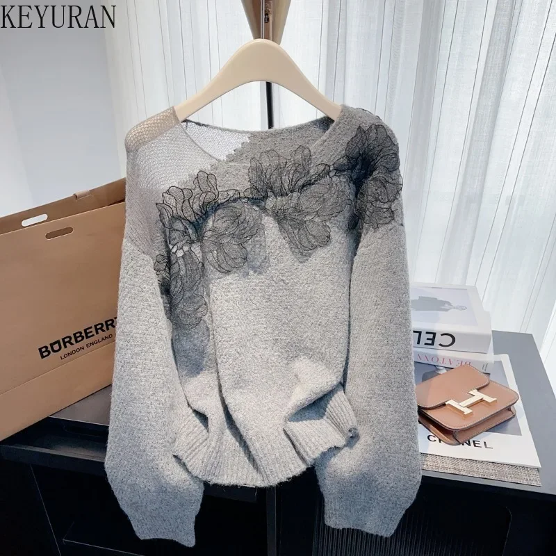 

New Korean Lazy Sweater Women 2025 Spring Autumn Sweet Lace Splicing Long Sleeve Pullovers Sweaters Mujer Knitwear Tops Jumpers