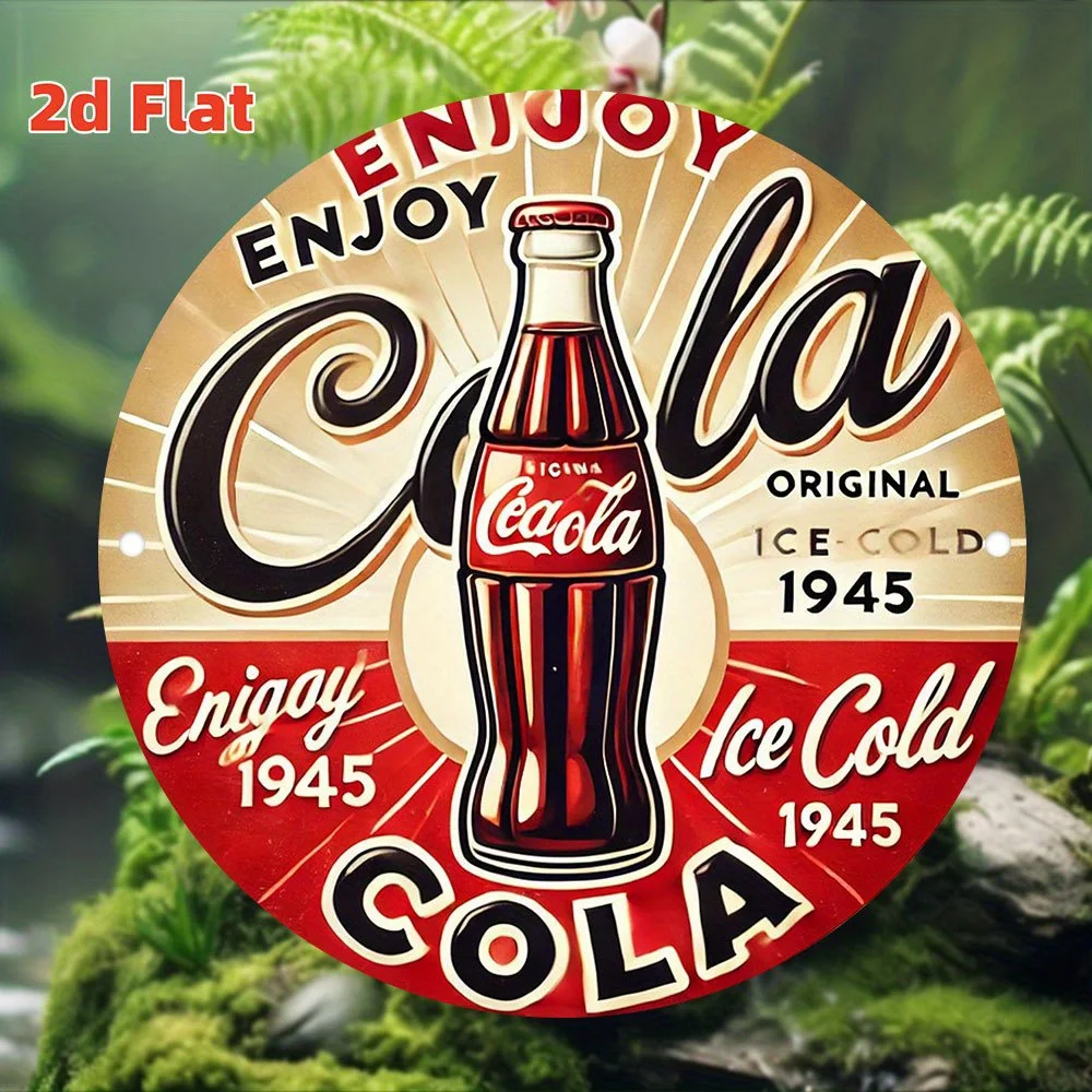 مسطح ثنائي الأبعاد، [مسطح] قطعة واحدة مستديرة عتيقة 1945 استمتع بعلامة كولا آيس كولد - ديكور حائط من الألومنيوم للمنزل والبار، للسيارة والحديقة -