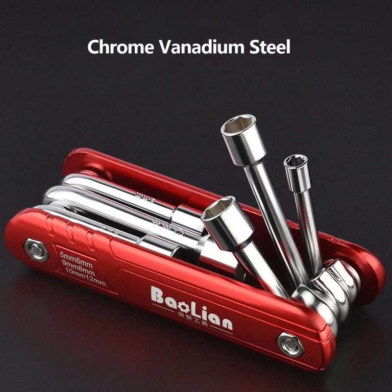 Multifunções Folding Socket Wrench Set, Alça de liga de alumínio, Ferramentas manuais portáteis domésticas, Combinação Metric Tools, 5-12mm, 6 em 1