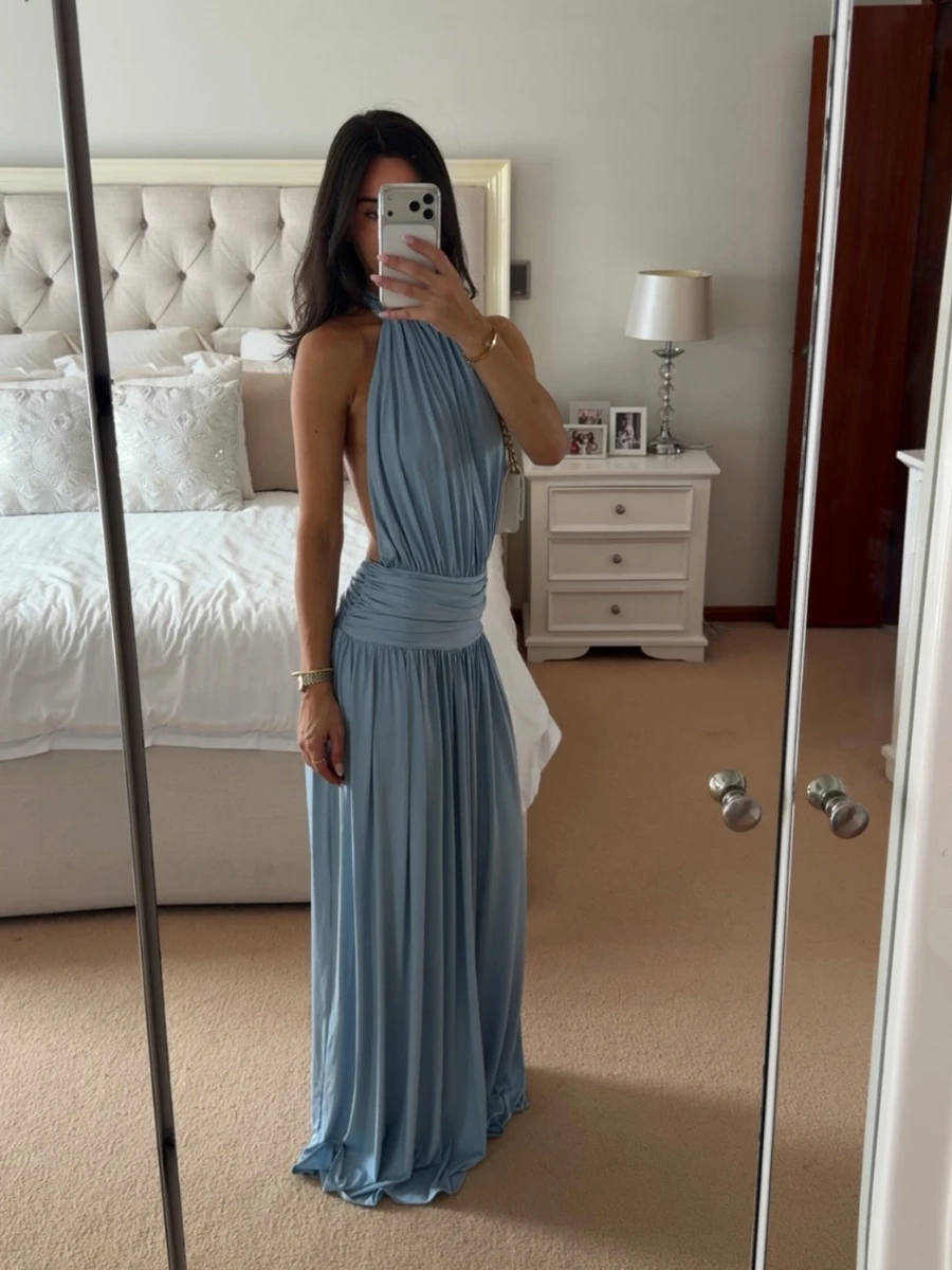 Neckholder-Maxikleid aus Satin mit offenem Rücken, geraffter Taille, drapiertem, plissiertem, langem Abendkleid in Hellblau für Hochzeitsgäste und Brautjungfern