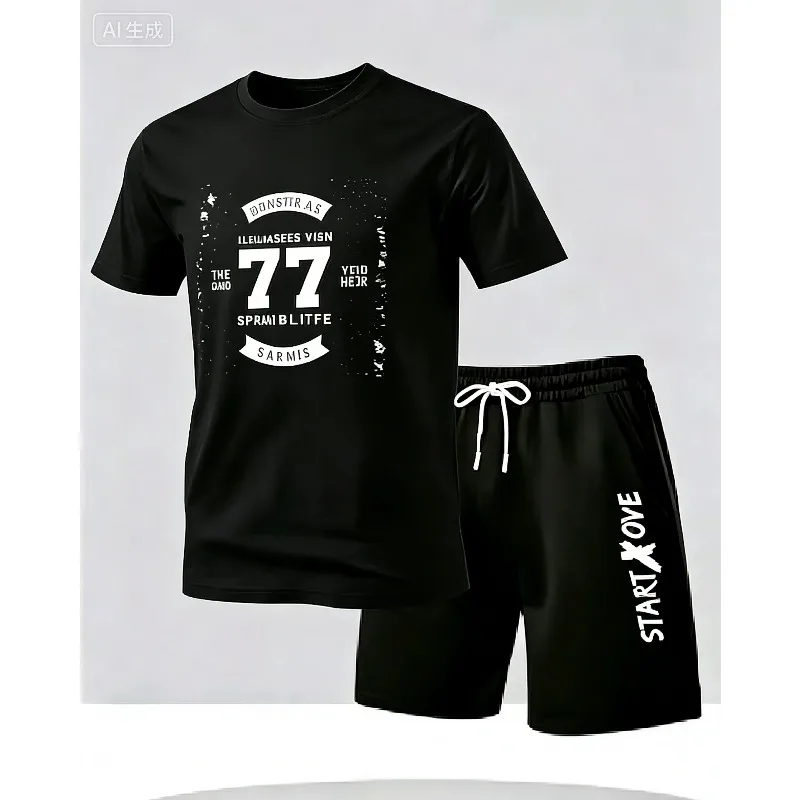 

Summer men's casual short-sleeved T-shirt and shorts sports outfit - comfortable printed lightweight quick-drying set