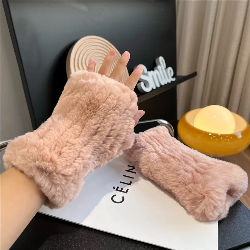 Hot Sale Winter Real Fur Golve Women Outdoor Warm 100% Real Rex Rabbit Fur Gloves Knit Thick Natural Soft Rex Rabbit Fur Mittens