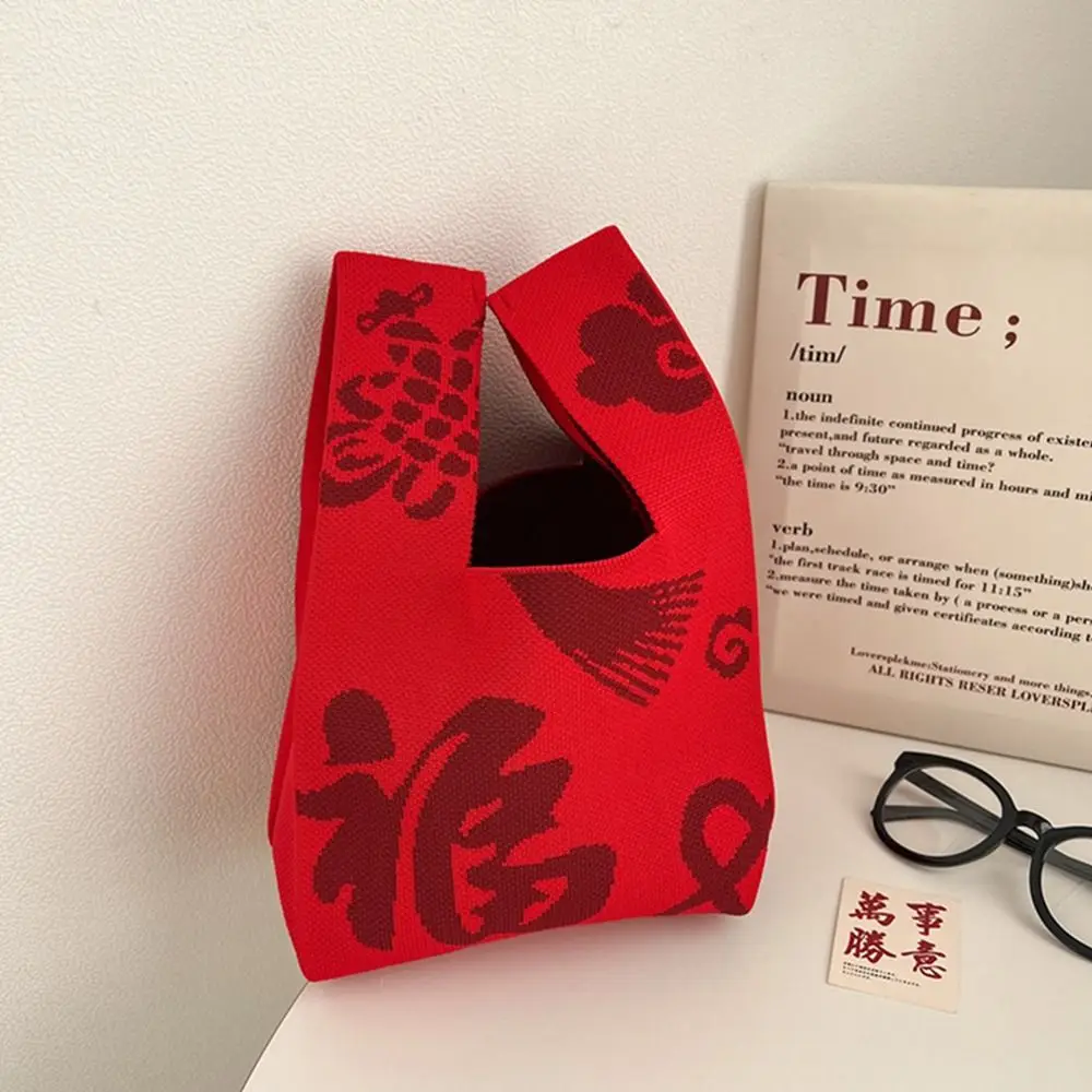 Cute Christmas Gift Knot Wrist Bag Wool Bucket Bag Weave New Year Knitted Bag Shopping Bags Bow Tote Bag Student