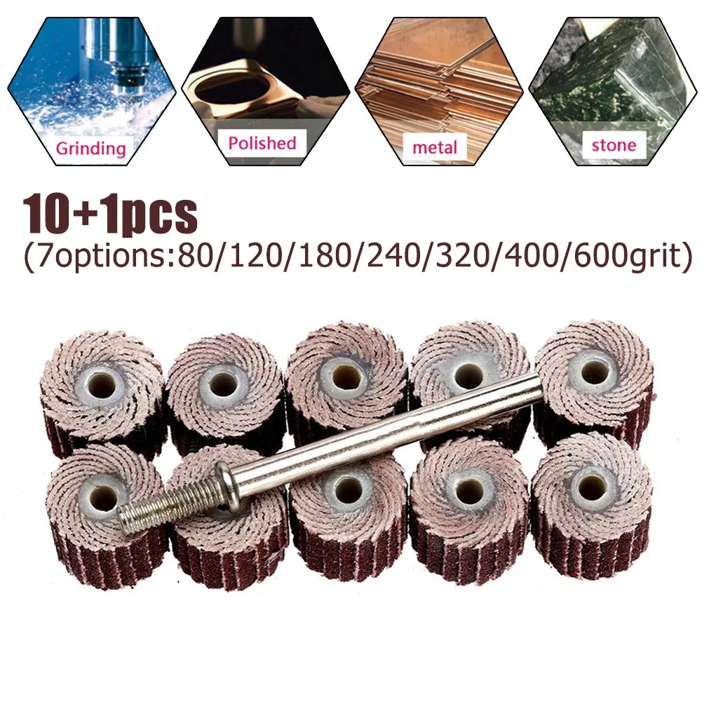 

10pcs +1 Mandrel Flap Wheel Disc Sanding Drill Abrasive Sandpaper 80/120/180/240/320/400/600 Grit Polishing Grind