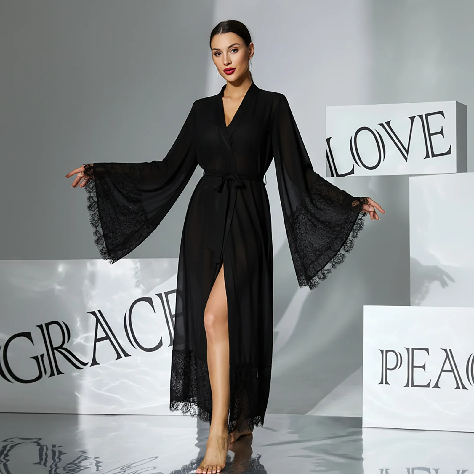 Mesh Lace Nightgown Chiffon Perspective Horn Sleeve Long Loungewear Cw53998