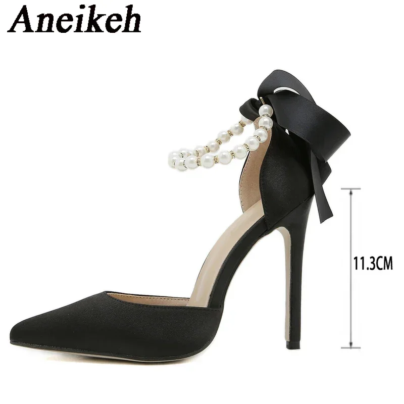 Aneikeh White Design String Bead Ankle Strap Women Pumps Cozy Silk Pointed Toe Lace Up Bowknot High Heels Party Dress Shoes