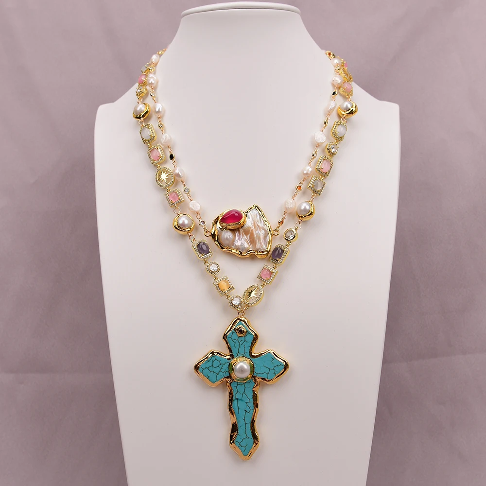 G-G Natural White Pearl Cz Mix Color Crystal Chain Necklace Gold Edged Blue Turquoise Pearl Pendant