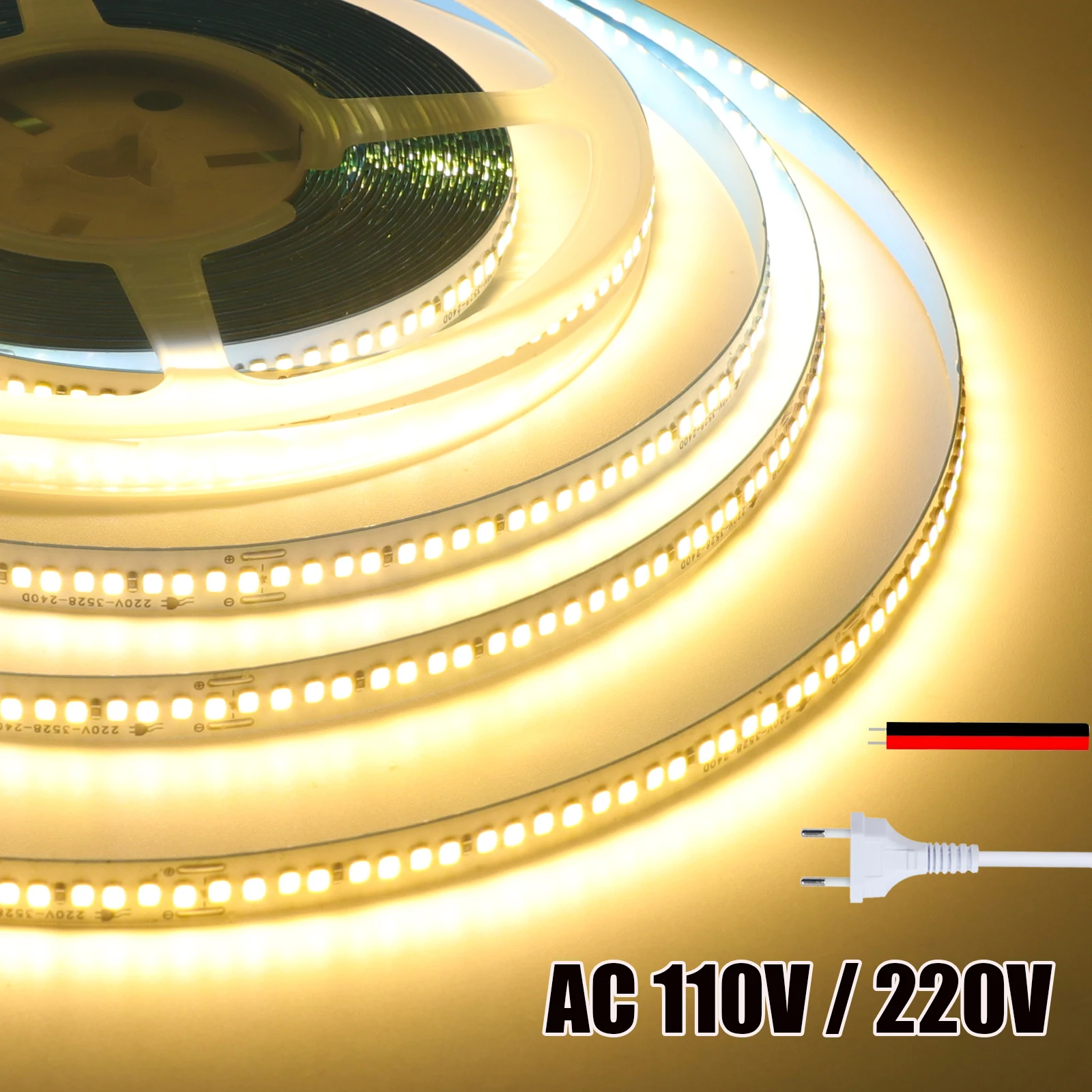 AC 220V 110V LEDストリップライト、US/EU/2ピンケーブル付き、240LEDs/M、IP44、自己粘着式フレキシブルリボンテープ、ホームデコレーションライト、5M、10M、20M