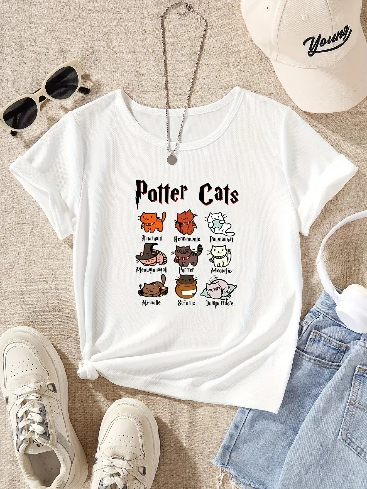 

Summer White Clothes Casual Potter Cat Printed T-shirts Fashion Crew Neck Short Sleeve Top Women T Shirt