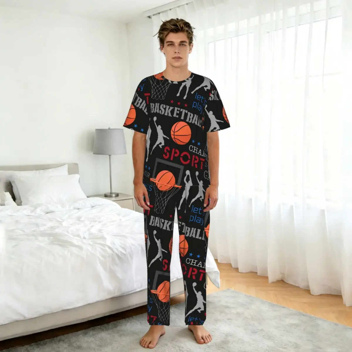 Men Pajamas Suit Short Sleeved Long Pants Basketball Sport Sleepwear Summer Home Clothing Set view 5