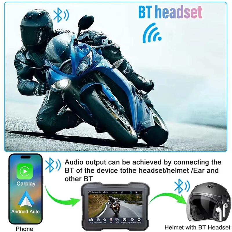 Motorcycle DVR Dash Cam Portable 5 Inch Wireless Carplay Android Auto Screen GPS Navigation Waterproof Monitor