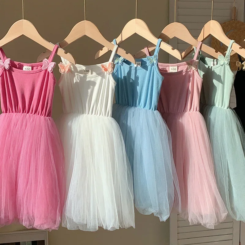 

Princess Birthday Suspenders Puffy Dress 90-140cm Korea Kids Baby Girls Summer Dress Cute Embroidery Butterfly Mesh Dress