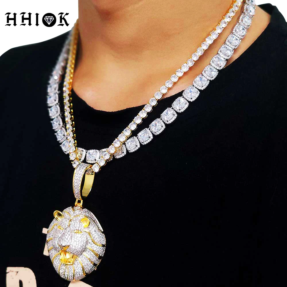 Hiphop Rock Jewelry Bling Stone Animals Lion Head Pendant Necklace For Men With Rope/Tennis Chain Drop Shipping