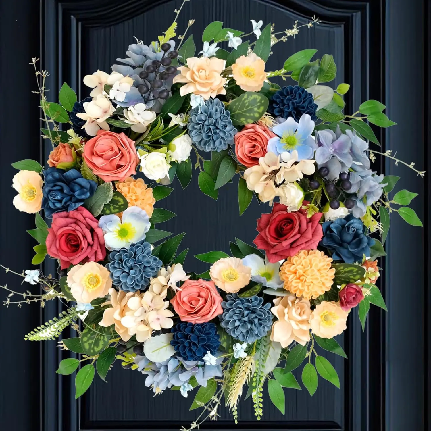 

Весенний венок 22 дюйма с искусственными цветами, желтыми и синими розами, гортензиями для украшения входной двери, прихожей, окна