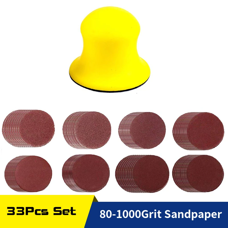 3 Inch Hook and Loop Hand Sanding Block with 32 Pcs Sanding Disc 80-1000 Grit Set for Craft, Woodworking, Furniture Repairing