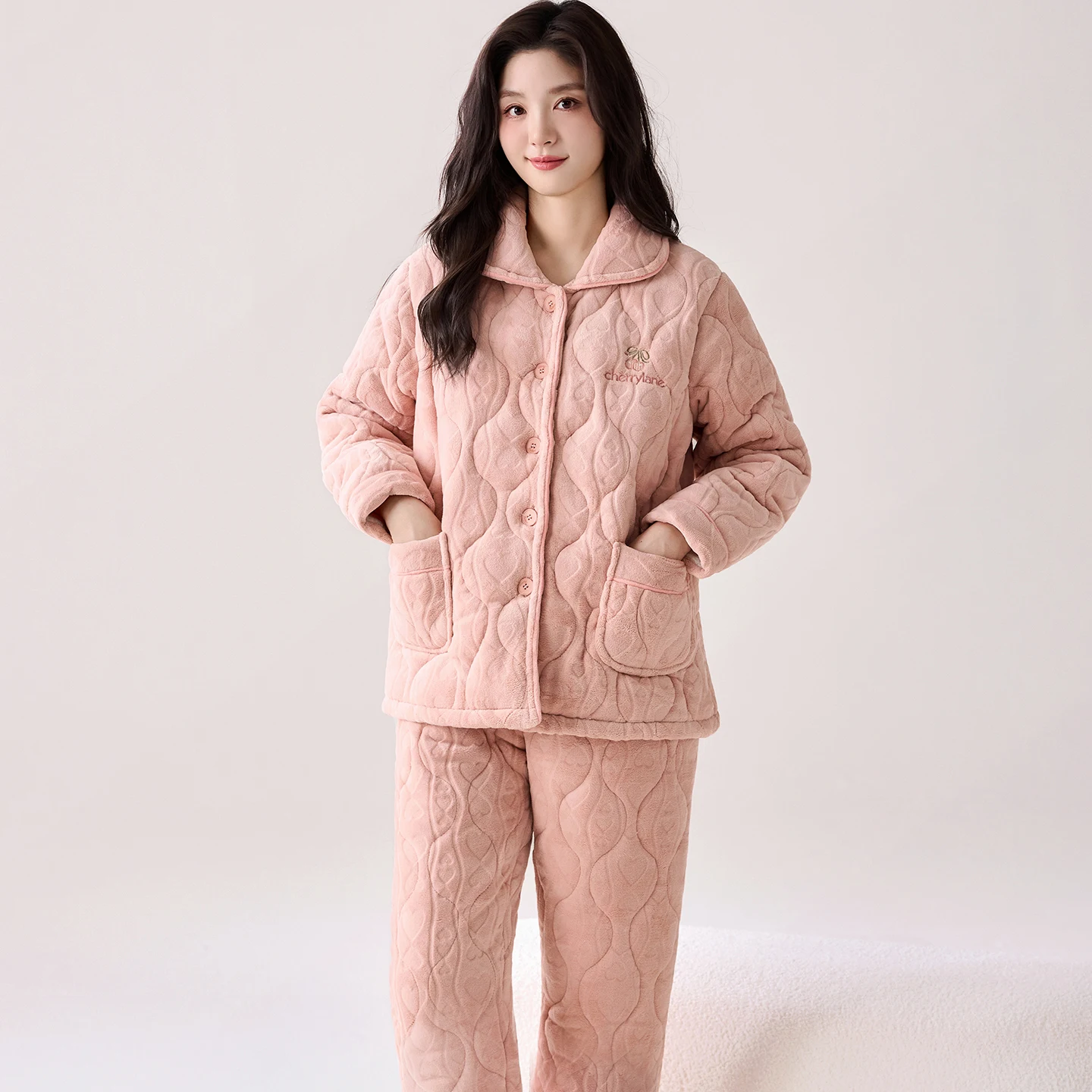 

Сплошной цвет, зимний теплый пижамный комплект, милый, милый, трехслойный, толстый, фланелевой, стеганый, теплая одежда для сна, домашняя одежда, костюм для женщин