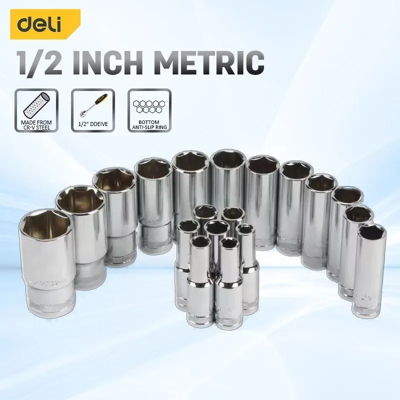 Deli 1Pcs 1/2'' Drive Impact Socket Universal Extension Socket Wrench Metric 8mm-32mm,6 Point Cr-V Alloy Steel for Auto Repair