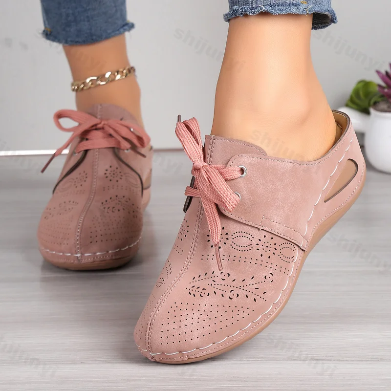 

Women Lace-up Wedges Platform Mules Slippers Casual Walking Sandals Flip Flops Female Summer New Fashion Hollowed Slip-on Slides