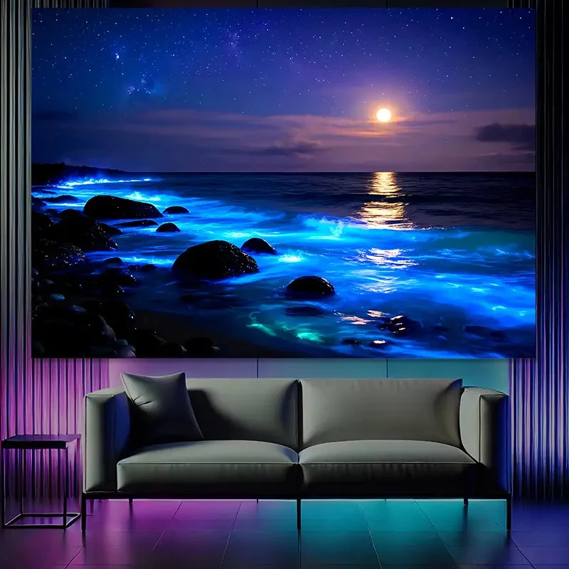 VIKAMA Seascape Tapestry Moonlit Ocean Starry Night Sky Wall Hanging Dreamy Aesthetic Decor Bedroom Living Room Art Cloth
