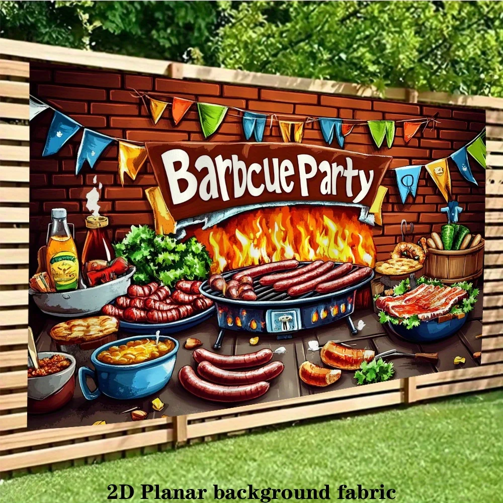 Banner de fondo para fiesta de barbacoa vibrante, tela de poliéster duradera con salchichas, verduras a la parrilla y diseño de cerveza, 1 ud.
