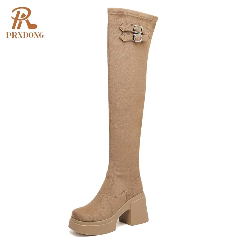 

PRXDONG INS 2024 New Brand Autumn Winter Warm Over The Knee Boots High Heels Thick Platform Black Dress Casual Lady Shoes Woman